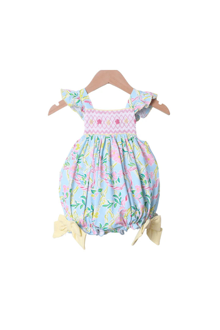 Smocked Blue Paradise Ruffle Bubble | The Smocked Flamingo