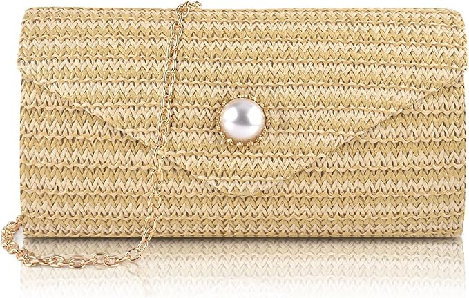 Straw Clutch Purse for Women, Pearl Decoration Boho Crossbody Bags Handbags for Beach Travel Vaca... | Amazon (US)