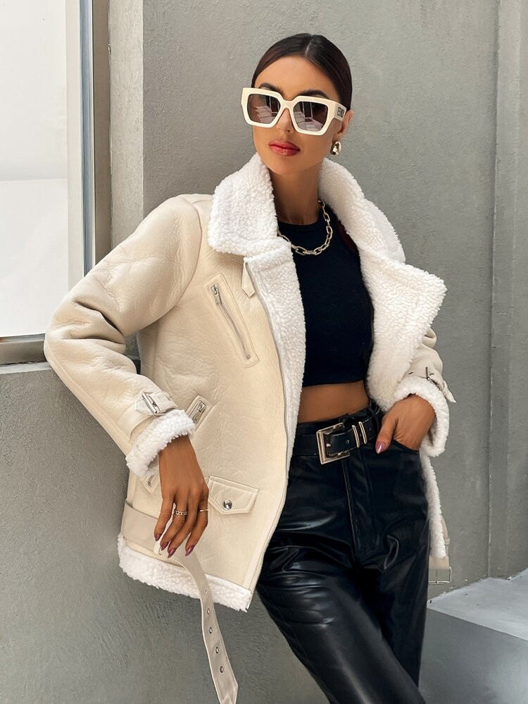 Zip Up Teddy Lined Grommet Eyelet Belted Moto Jacket | SHEIN