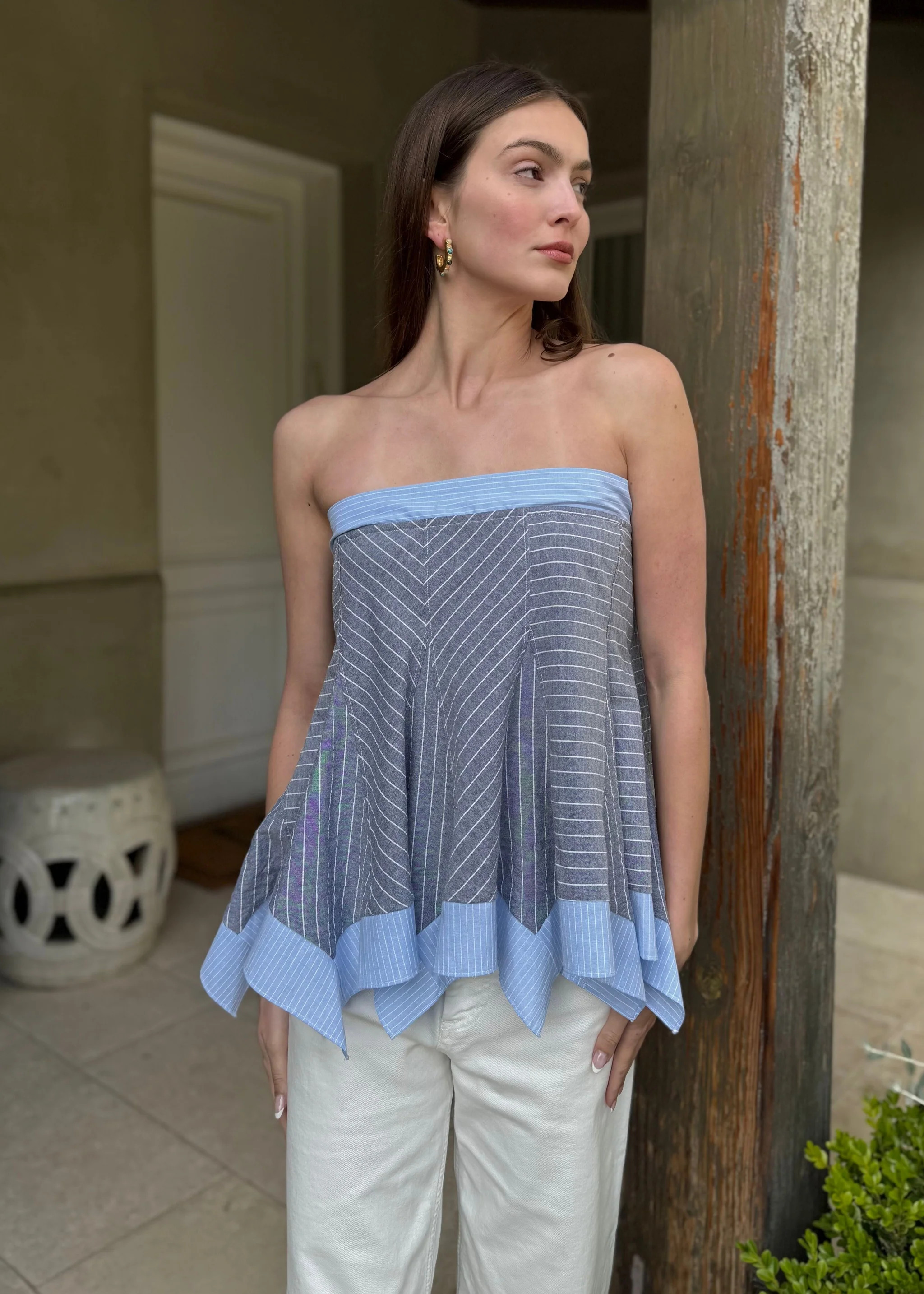 Elara Blue Striped Strapless Flouncy Top | Benaar La