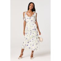 ASTR the Label | Fen Floral Tie-Strap Ruffle Midi Dress in Off white purple fl | Size S | ASTR The Label (US)