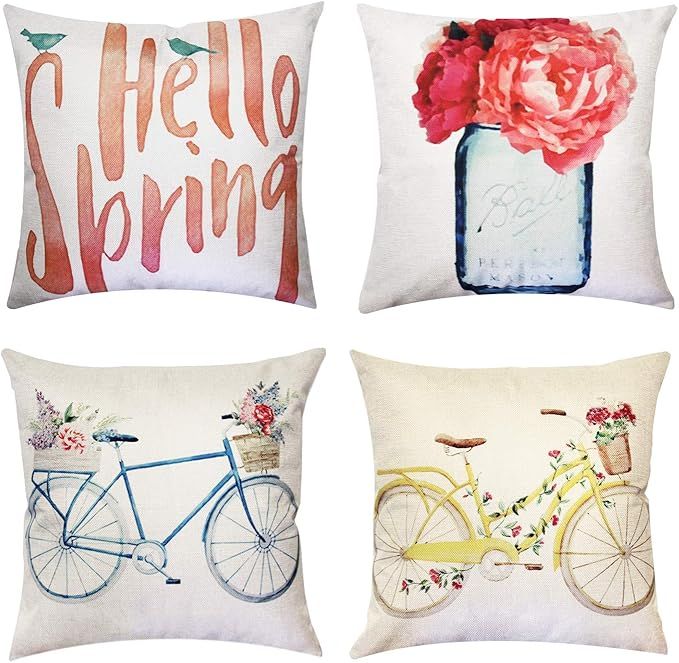 JOJUSIS Spring Theme Flower Bicycle Throw Pillow Covers Cotton Linen Home Decor Decorative Cushio... | Amazon (US)