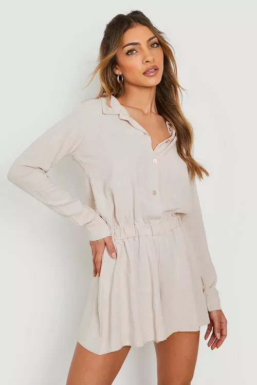 Linen Shirt Style Floaty Playsuit | Boohoo.com (US & CA)