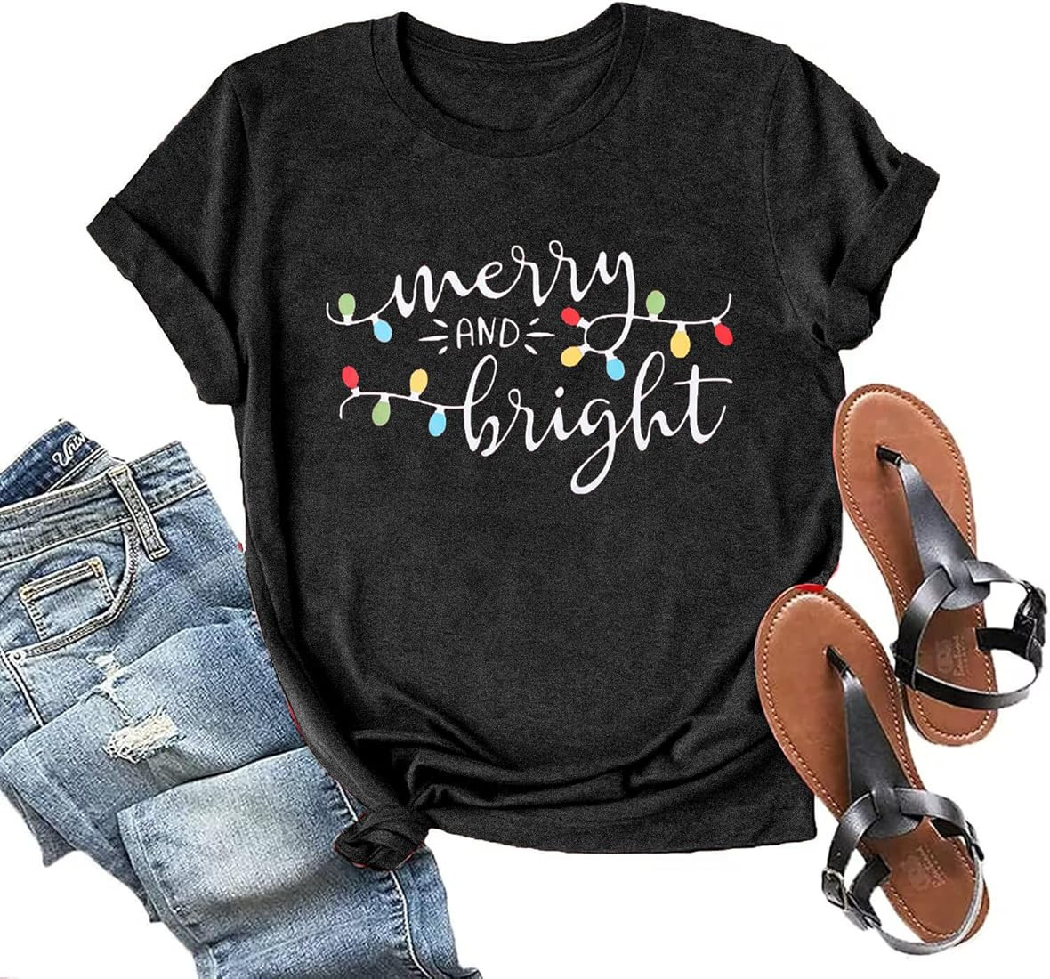Christmas Shirts Womens Merry and Bright Shirt Cute Holiday Tshirt Christmas Lights Tee Tops | Amazon (US)