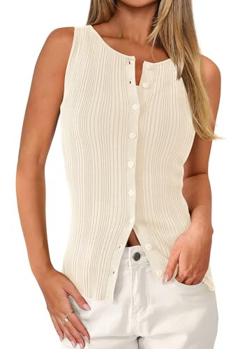 PRETTYGARDEN Sleeveless Button Down Shirts for Women Summer 2026 Going Out Ribbed Knit Tank Tops ... | Amazon (US)