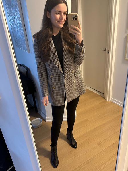 My favorite easy but polished on the go look is black leggings and tee with black boots and a slightly oversized blazer. So easy to reach for and cozy but still feel ready for whatever the day holds!