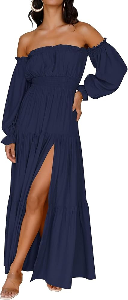 ZESICA Women's 2025 Boho Sexy Off Shoulder Long Sleeve Smocked High Waist Side Split Flowy A Line... | Amazon (US)