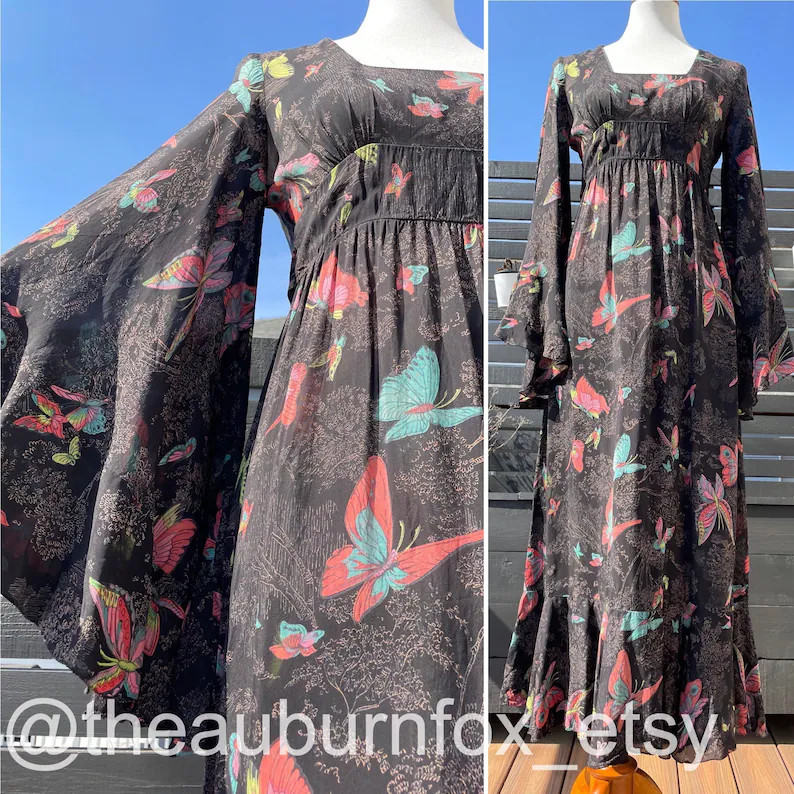 Vintage Black Butterfly Angel Sleeve Dress Sz XS | Etsy (Global)