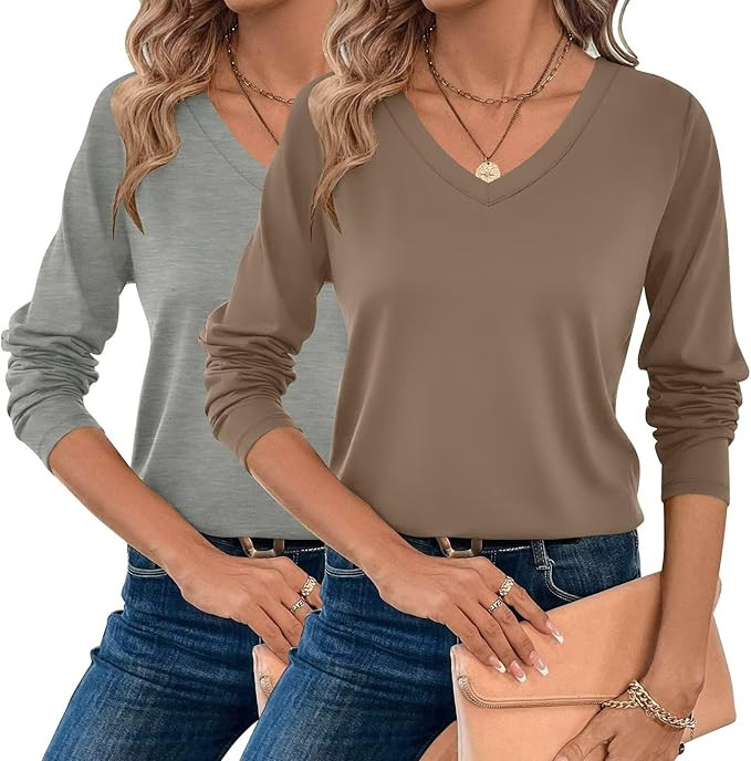 Bliwov 2 Pack Womens Long Sleeve V Neck Tops Fall Winter Outfits Spring Trendy T Shirts 2025 Casu... | Amazon (US)