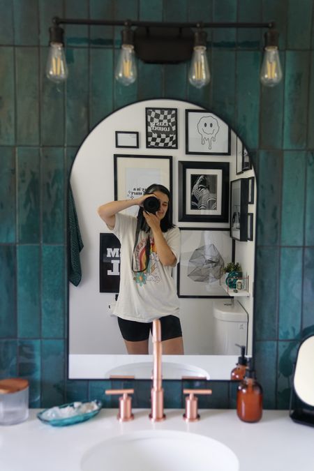 Modern teal bathroom renovation! I was so impressed with the quality of this mirror, tile and copper faucet! 

#LTKstyletip #LTKunder100 #LTKhome