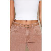 Tan Suede Skinny Belt with Gold Hardware | PrettyLittleThing US