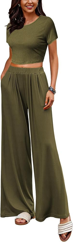 Ekouaer 2 Piece Pajama Set Ribbed Knit Crop Top Wide Leg Pants Causal Homewear Pajama | Amazon (US)