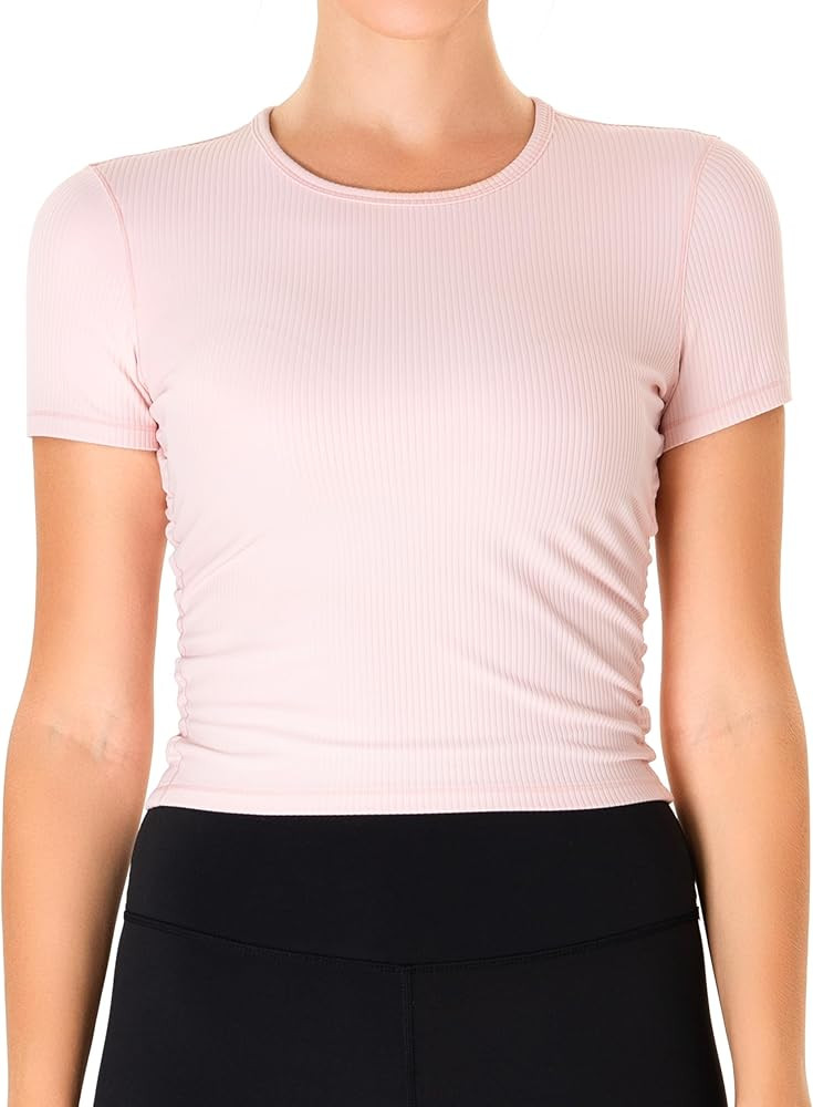 YUNOGA Womens Workout Top Short Sleeve Ribbed T-Shirt Compression Athletic Yoga Shirts | Amazon (US)