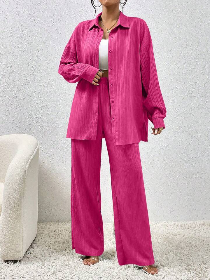 SHEIN LUNE Ladies" Solid Color Turn-Down Collar Front Button Closure Top And Pants Two-Piece Set | SHEIN