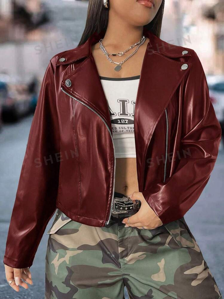 SHEIN EZwear Plus Size Zip-Up Decorative Button Short Jacket With PU Lapel, Long Sleeve | SHEIN U... | SHEIN