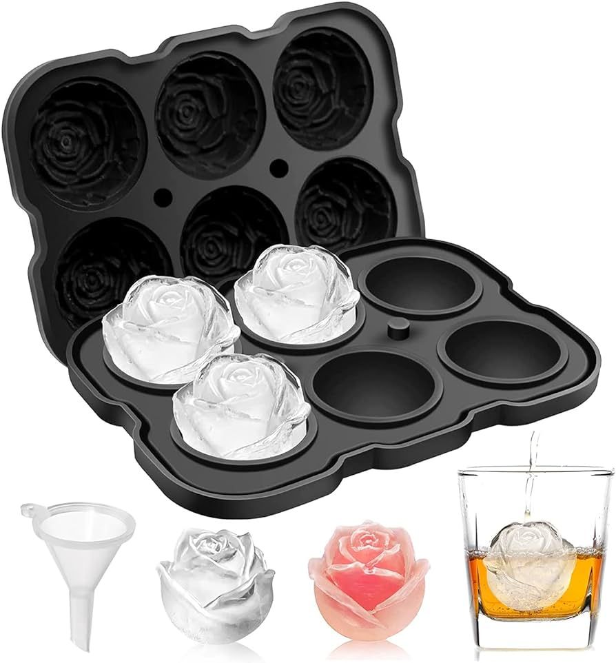 Ice Cube Tray, Mikiwon 2 inch Rose Ice Cube Trays With Covers, 6 Cavity Silicone Rose Ice Ball Ma... | Amazon (US)