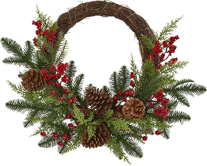 Nearly Natural 22in. Mixed Cedar with Berries and Pine Cones Artificial Wreaths, Green/Red , 3.5x... | Amazon (US)