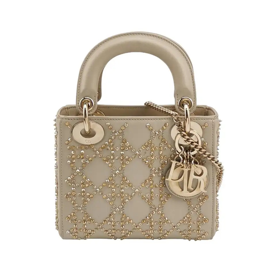 Lady Dior Mini Gold Calfskin Leather with Crystals Gold Hardware 2020 | 1stDibs