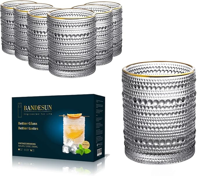 Bandesun Romantic Water Glasses, 12 oz Hobnail Drinking Glasses Set 6, Embossed Vintage Glassware... | Amazon (US)