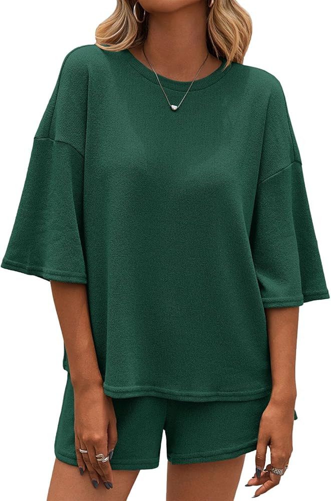 Tankaneo Womens 2 Piece Outfits Sweater Set Lounge Sets 3/4 Sleeve Oversized Tops and Elastic Wai... | Amazon (US)