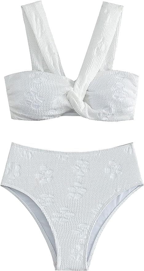 Cozyease Women's 2 Piece Set Floral Jacquard Twist Bikini Swimsuit Wireless High Waist Straps Bik... | Amazon (US)