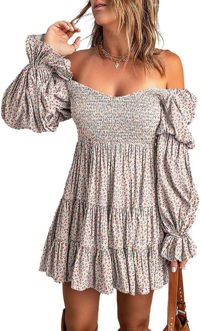 Dokotoo Womens 2023 Summer Spring Elegant Off The Shoulder V Neck Long Sleeve Ruffle Flowy Mini Shor | Amazon (US)