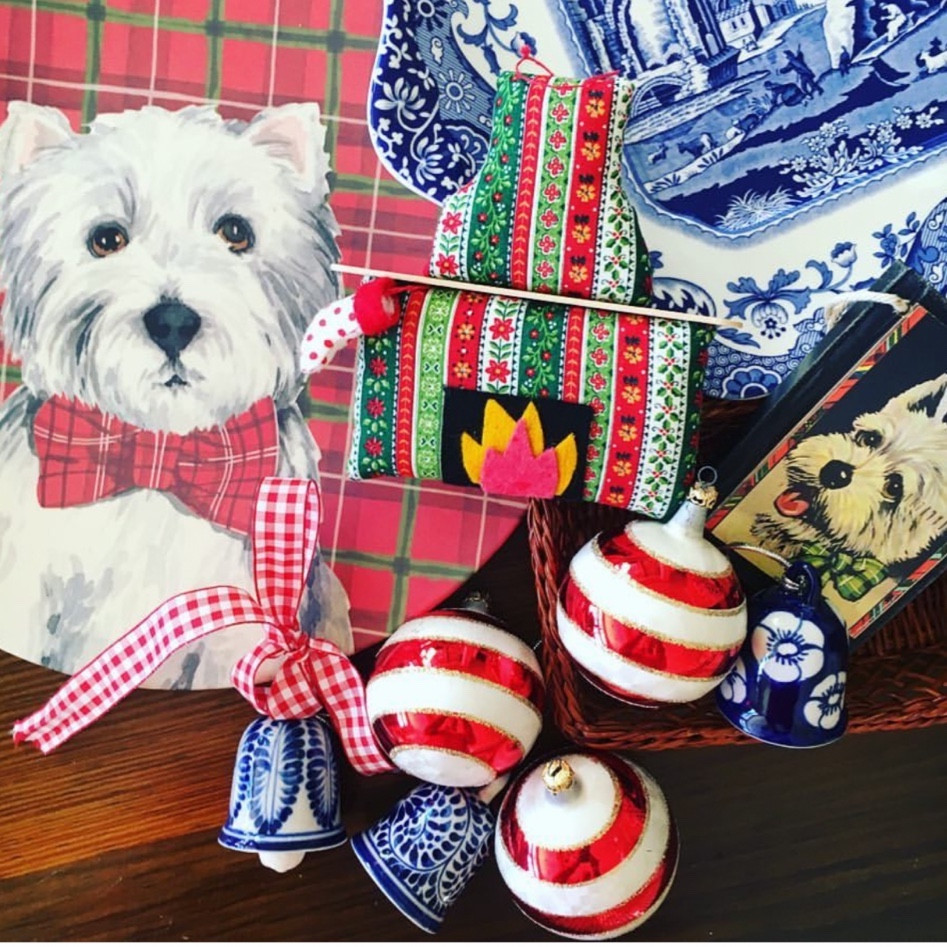 Pops of Christmas red mix with classic blue and white and sweet puppies. Would you serve cookies on a Westie plate or a Spode platter? I tuck these blue and white bells into the tree every year - when you brush against the tree branches, you can hear the Angel bells… 🔔 

#LTKHoliday #LTKSeasonal #LTKhome