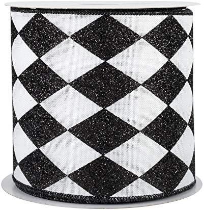 Black White Diamonds Harlequin Ribbon - 4" x 10 Yards, Argyle, Black Wire Edged, Christmas, Mardi... | Amazon (US)
