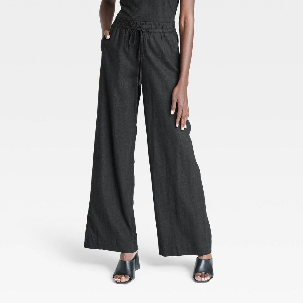 Women's High-Rise Wide Leg Linen Pull-On Pants - A New Day Black M | Target