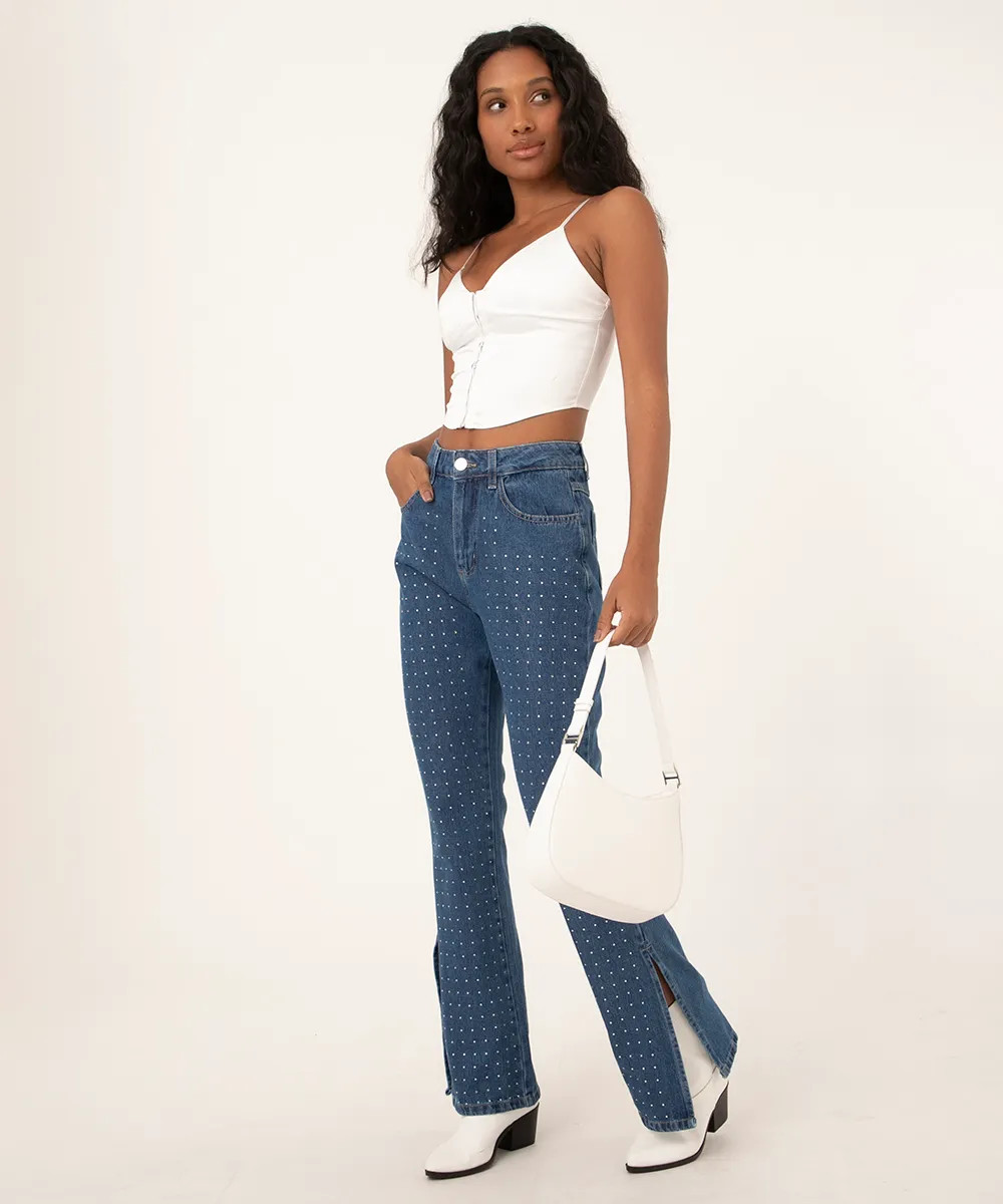 calça jeans flare cintura super alta strass azul médio | C&A (BR)