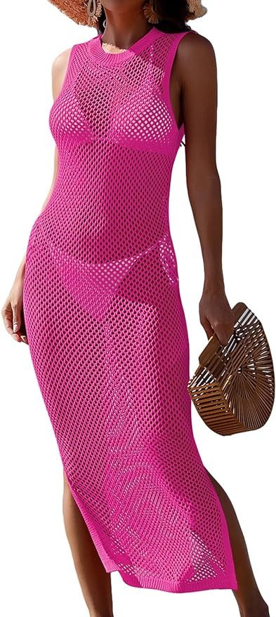 Pink Queen Women Crochet Swimsuit Cover Up Hollow Out Sleeveless Beach Dress Side Split Knit Cove... | Amazon (US)