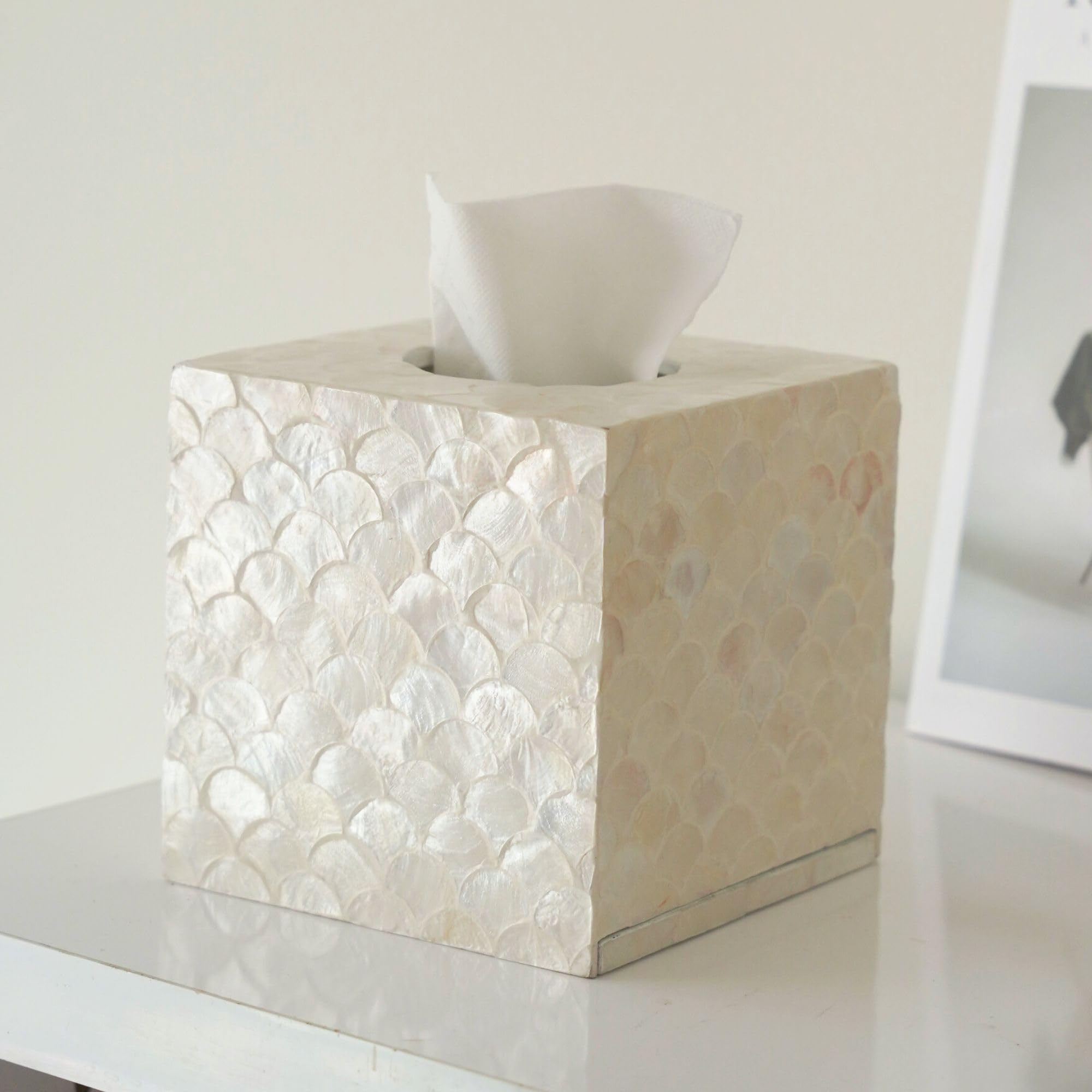 5.9” Capiz Tissue Box Cover, Square Decorative Tissue Holder with Bottom Slider, Handmade Bathr... | Amazon (US)