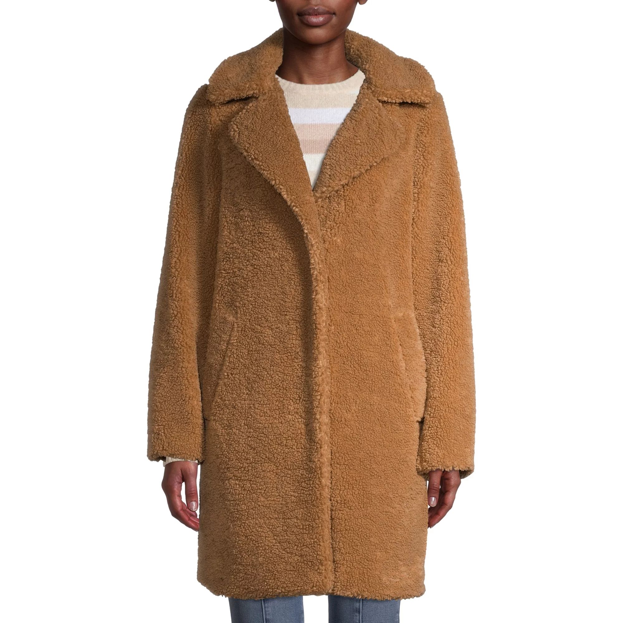 Time and Tru Women's Long Teddy Bear Faux Sherpa Coat | Walmart (US)