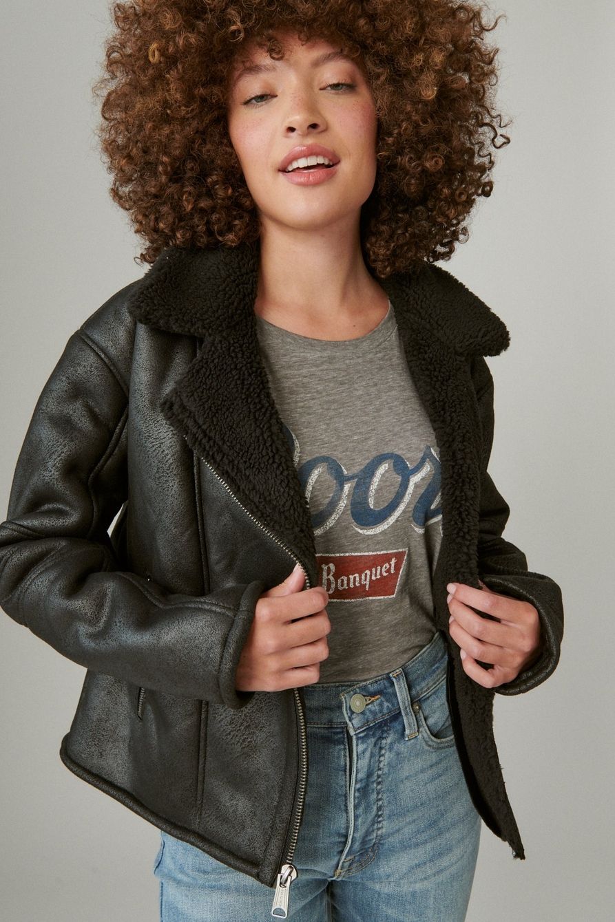 suede faux shearling moto jacket | Lucky Brand