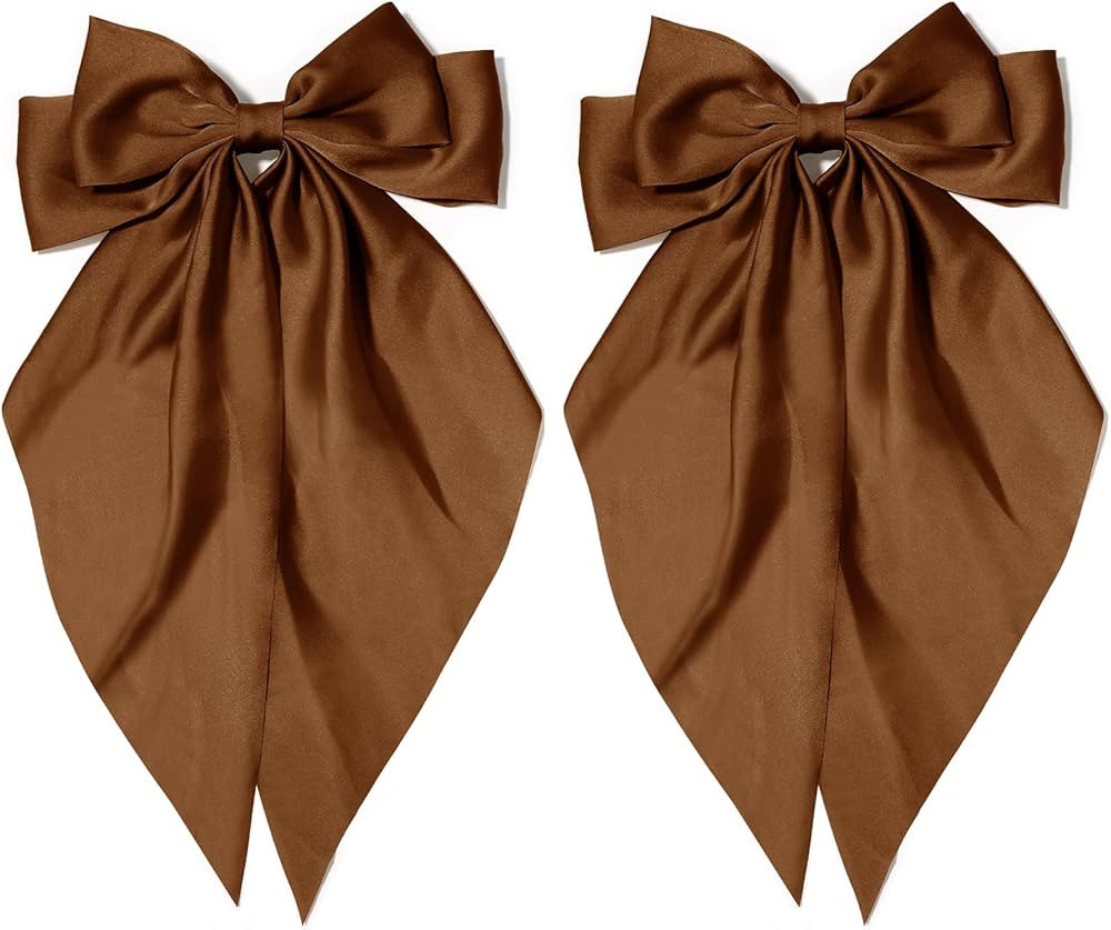 Big Hair Bows with Long Tail 2PCS Brown Bow Hair Clip with Metal Spring Clamp Soft Satin Hair Rib... | Amazon (US)