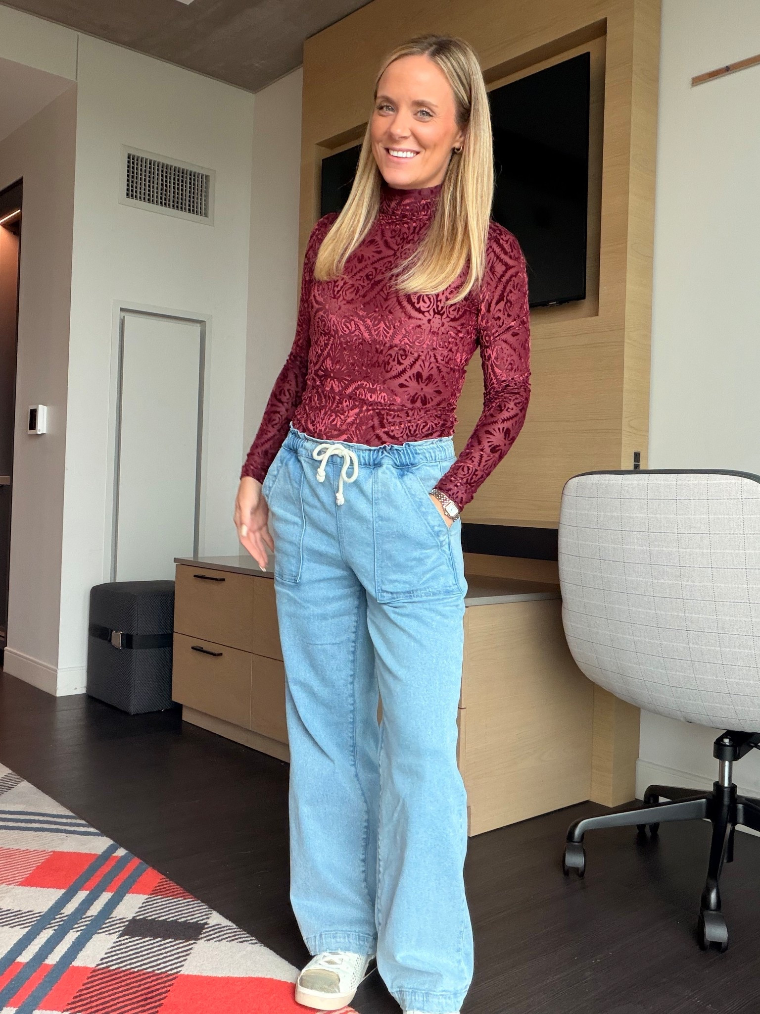 velvet turtleneck
long sleeve top
burgundy blouse
mock neck shirt
textured velvet
fall outfit idea
holiday party look
casual chic style
Amazon wide leg pants
drawstring trousers
relaxed fit denim
high rise jeans
Dolce Vita sneakers
white low tops
everyday sneakers
street style outfit
weekend casual
effortless fashion
modern wardrobe staples
comfortable chic
#vici #vicicollection

#LTKWorkwear #LTKTravel #LTKFallSale