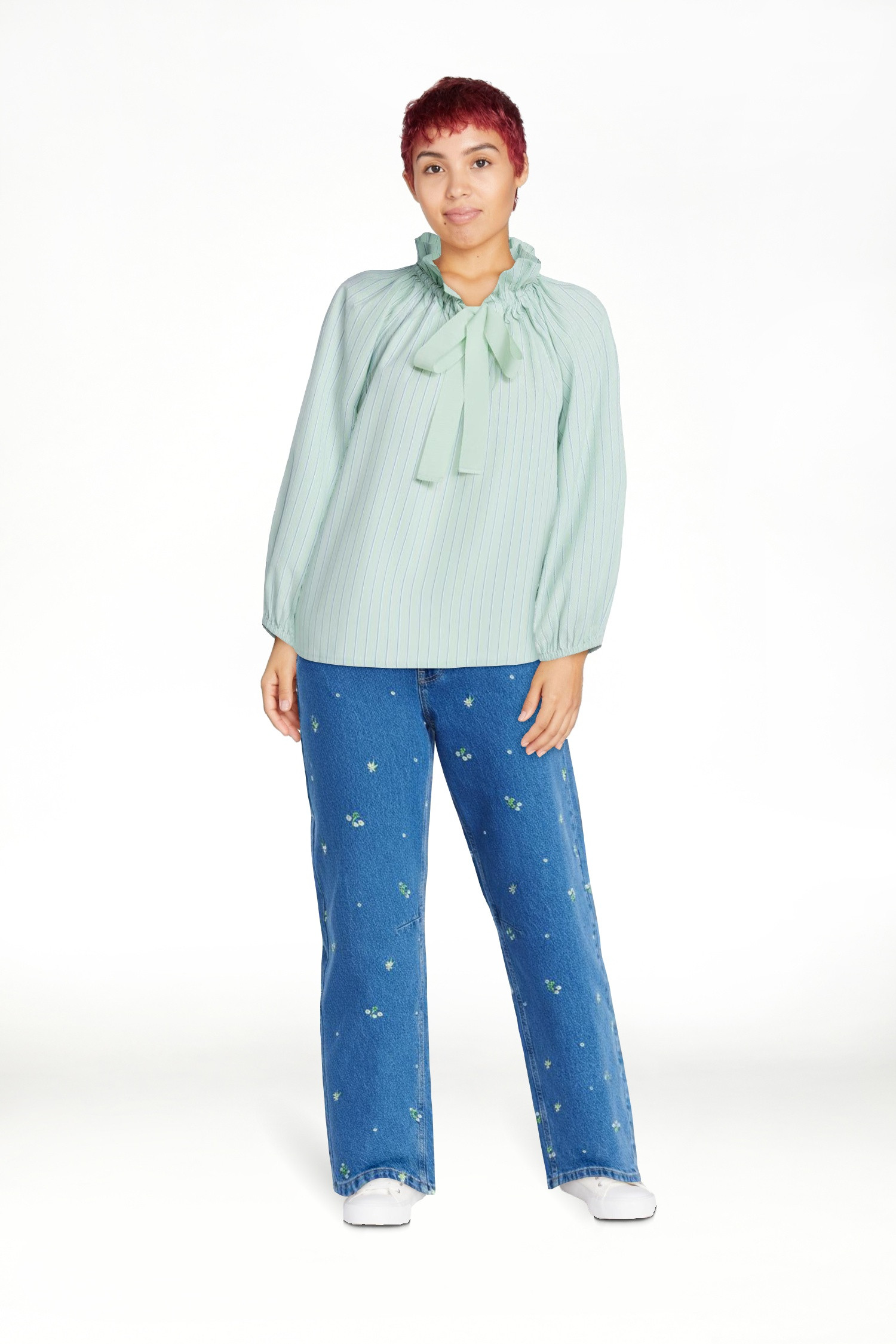 Free Assembly Women's Ruffle Tie Neck Cotton Top with Long Puff Sleeves, Sizes XS-XXL | Walmart (US)