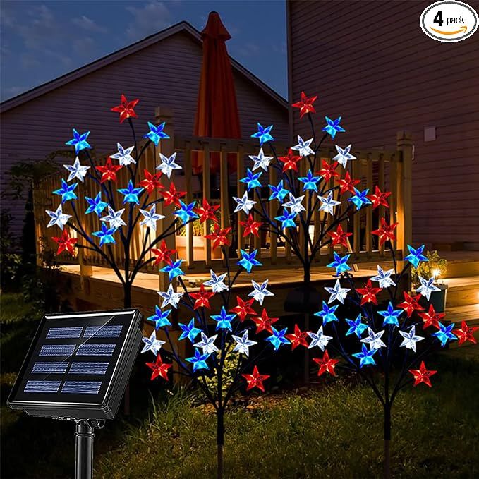 Solar 4th of July Decorations Outdoor Lights, 4-in-1 8 Modes Red White and Blue Star Stake Lights... | Amazon (US)