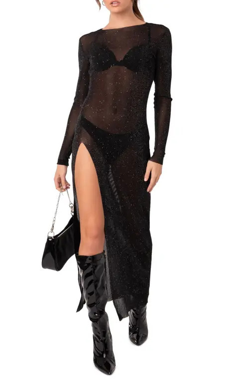EDIKTED Glitter Mesh Slit Maxi Dress in Black at Nordstrom, Size X-Large | Nordstrom