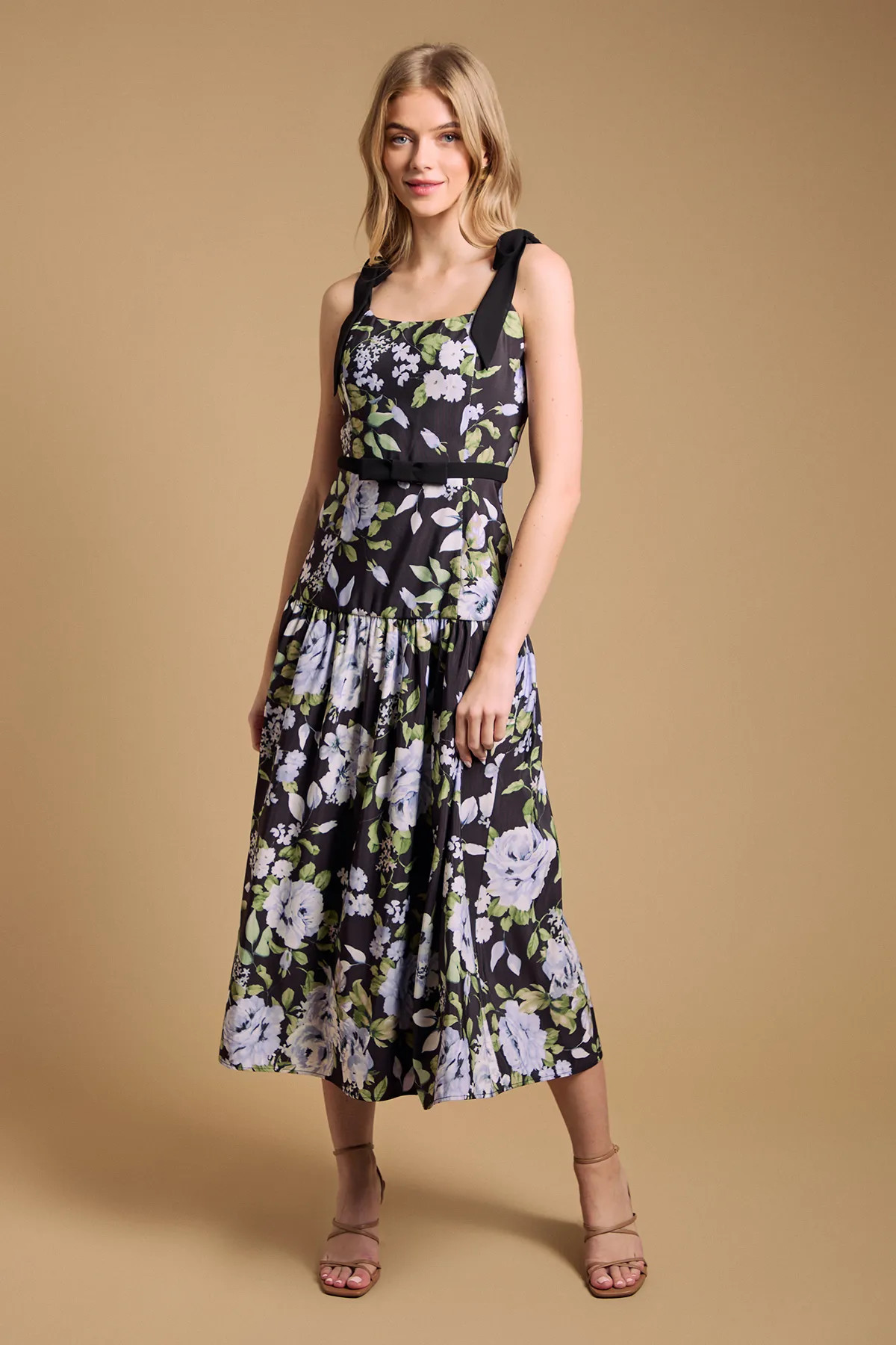 Black Oasis Petite Bow Detail Dropped Waist Midi Dress | Boohoo | Boohoo.com (UK & IE)