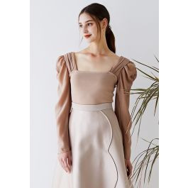 Square Neck Puff Shoulder Crop Top in Tan | Chicwish
