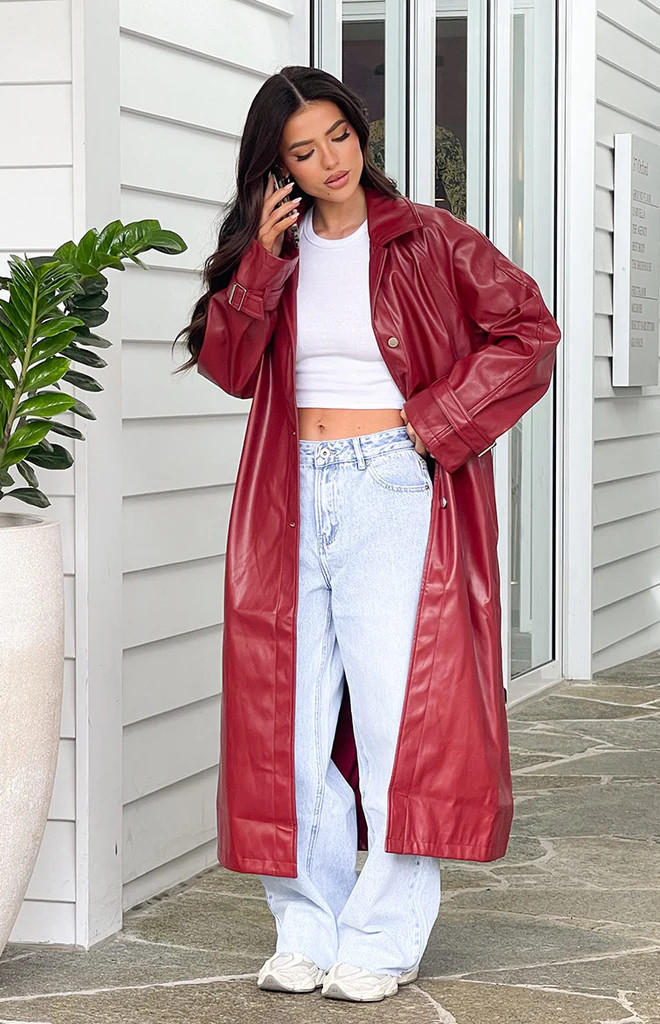 Finn Red PU Trench Coat | Beginning Boutique (AU)
