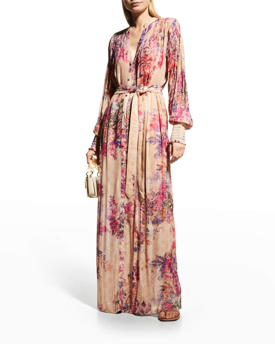 Hemant & Nandita Leah Metallic Stripe Georgette  Long Dress With Tie Up Belt | Neiman Marcus