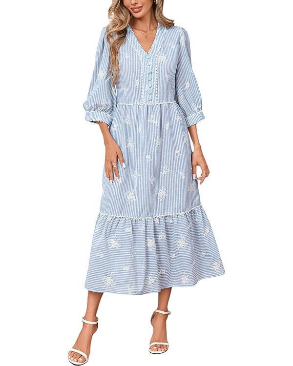 Boho Maxi Dress V Neck Beach Vacation A Line Tiered Long Dress Floral Embroidered Striped Sundres... | Amazon (US)