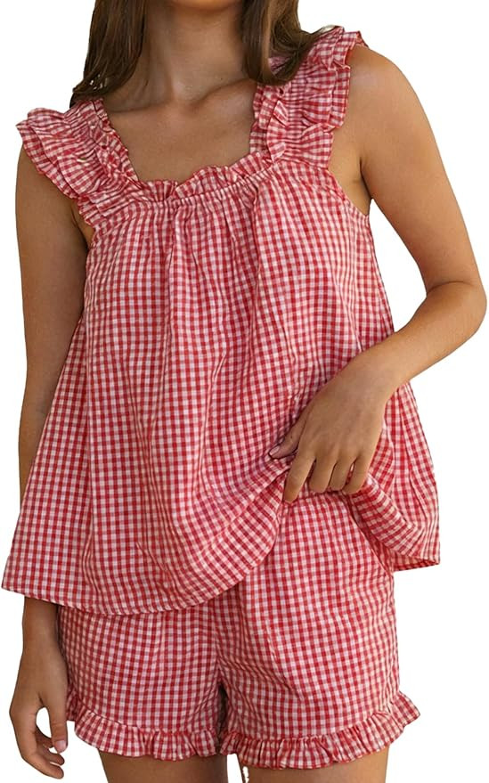 Wyeysyt Womens Gingham Pajamas Set Cotton Ruffle Babydoll Cami Top and Shorts 2 Piece Sleepwear L... | Amazon (US)