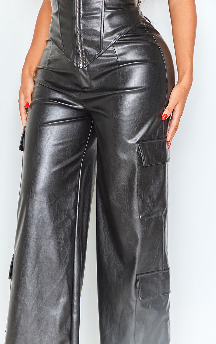 Shape Black Faux Leather Straight Leg Cargo Pants | PrettyLittleThing US
