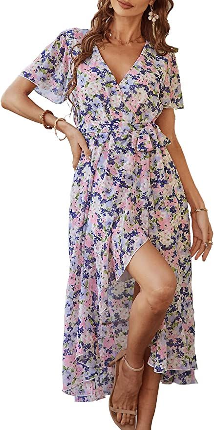 PRETTYGARDEN Women's 2023 Floral Summer Dress Wrap V Neck Short Sleeve Belted Ruffle Hem A-Line B... | Amazon (US)