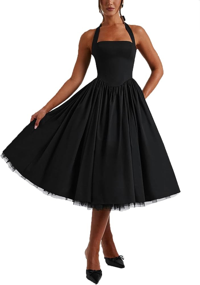 Women Summer Halter Dress Low Cut Sleeveless A Line Tulle Swing Flowy Tea Length Dress Corset Pro... | Amazon (US)