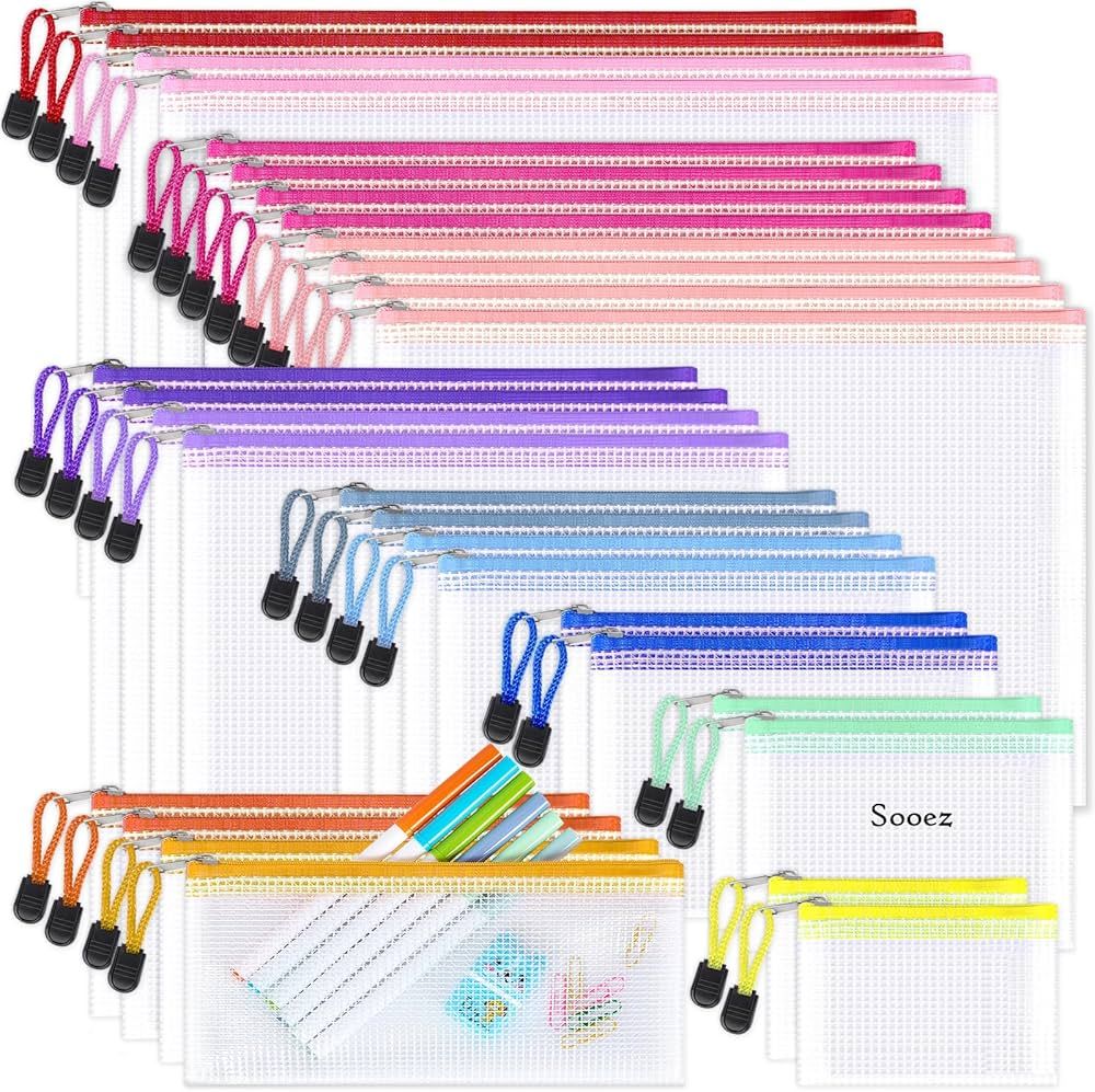 Sooez 30 Pack Mesh Zipper Pouch, 8 Sizes Mesh Bags for School Office Supplies, Waterproof Zipper ... | Amazon (US)