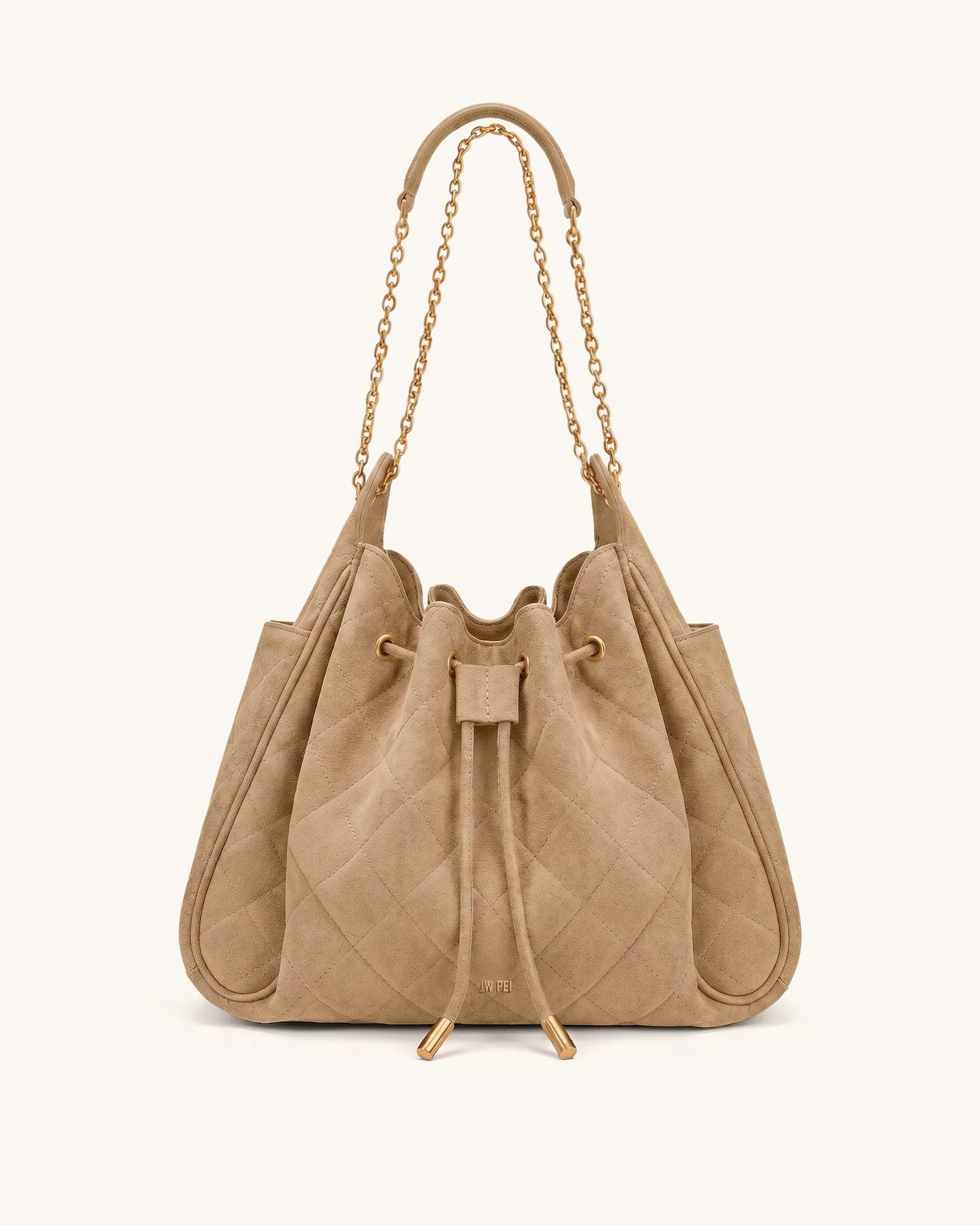 Rowan Faux Suede Quilting Ruched Drawstring Chain Bucket Bag - Coconut | JW PEI US